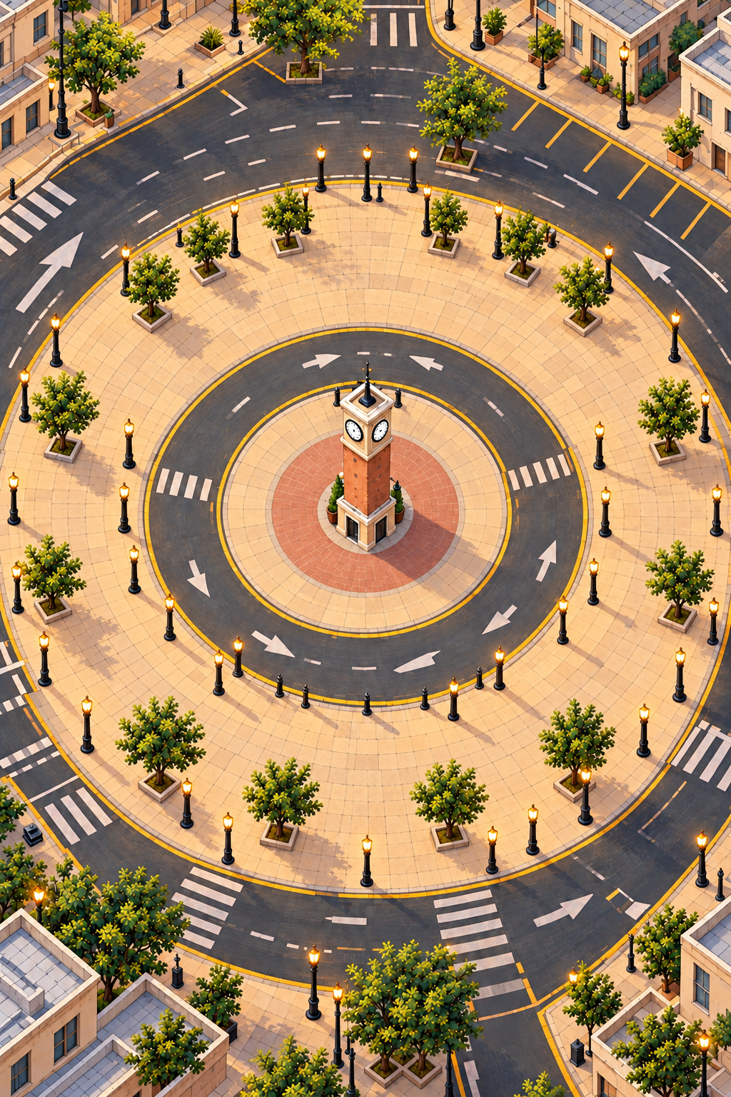 Recreación ilustrada de la glorieta circular del Reloj de Delicias desde una vista elevada